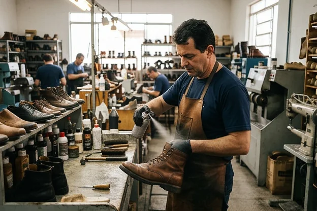 Aplicação de produto impermeabilizante em um sapato.