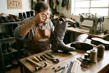 Profissional consertando o zíper de uma bota.