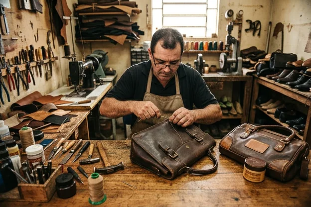 Sapateiro reformando uma bolsa de couro.